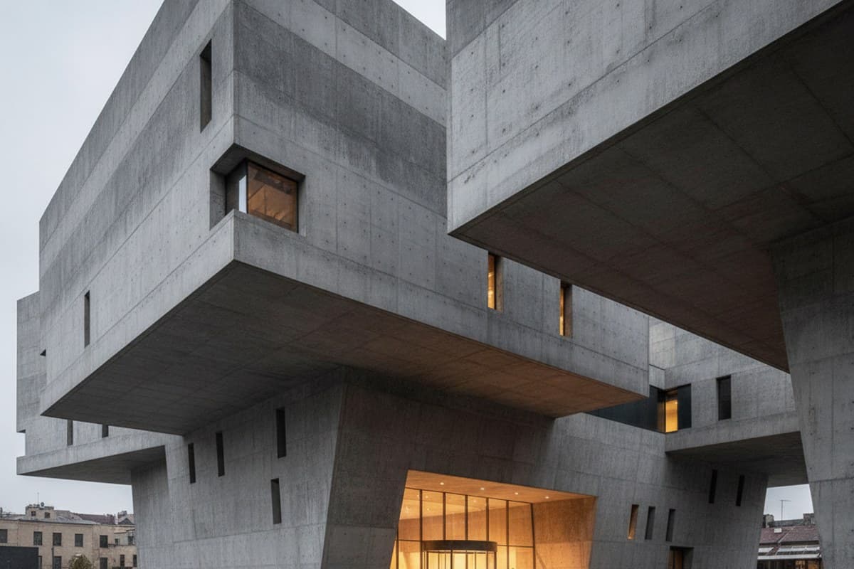 A Concrete Arts Center After Rain: sculptural brutalist cultural center with cantilevered masses reflecting on wet pavement