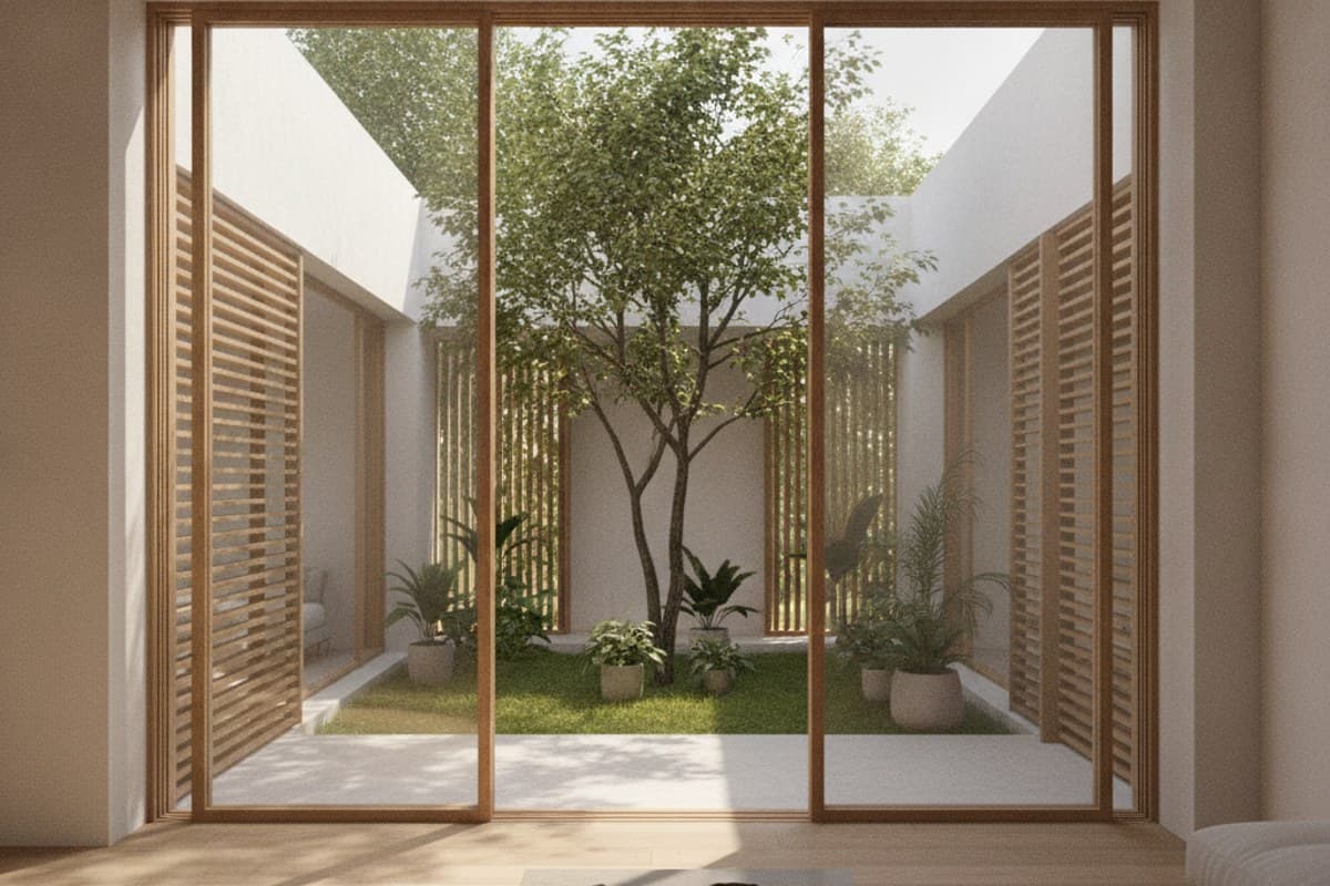 A Courtyard Home With Morning Light: modern home organized around a serene sunlit inner garden courtyard with sliding glass doors