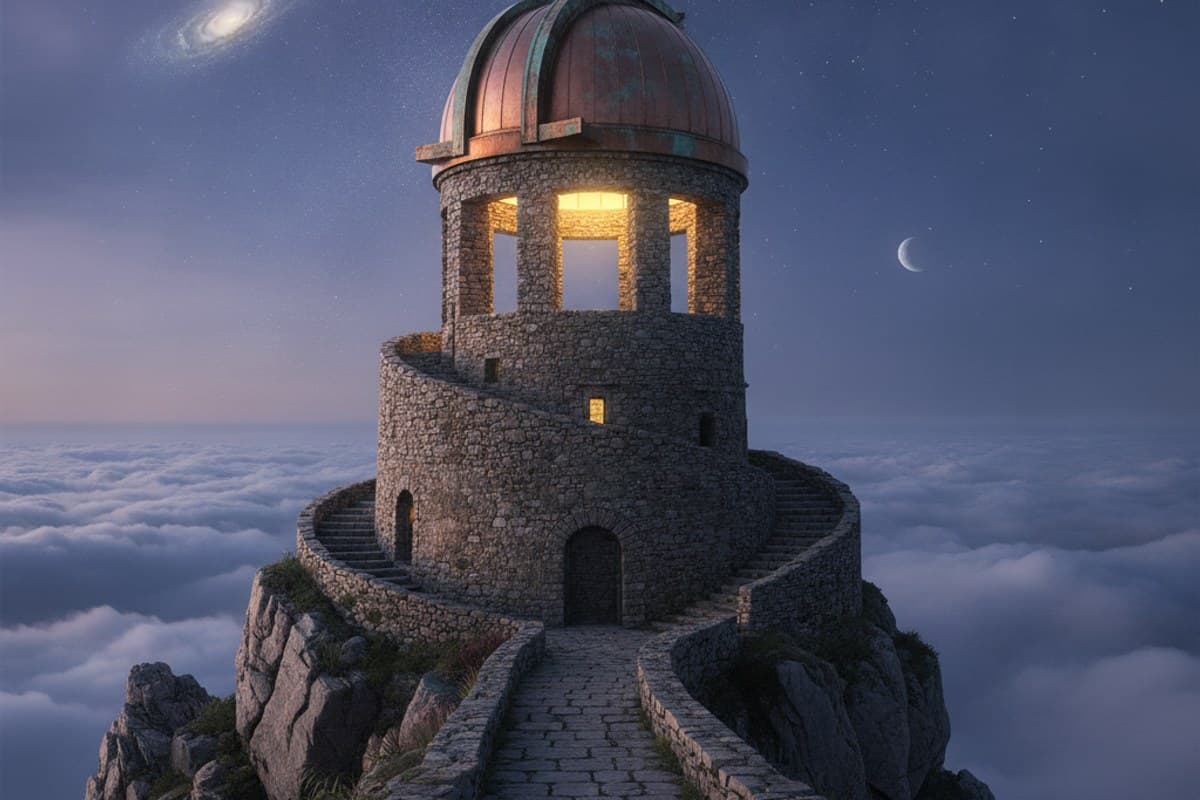 An Observatory Above the Clouds: fantasy stone tower and copper astronomical dome perched atop a sea of clouds