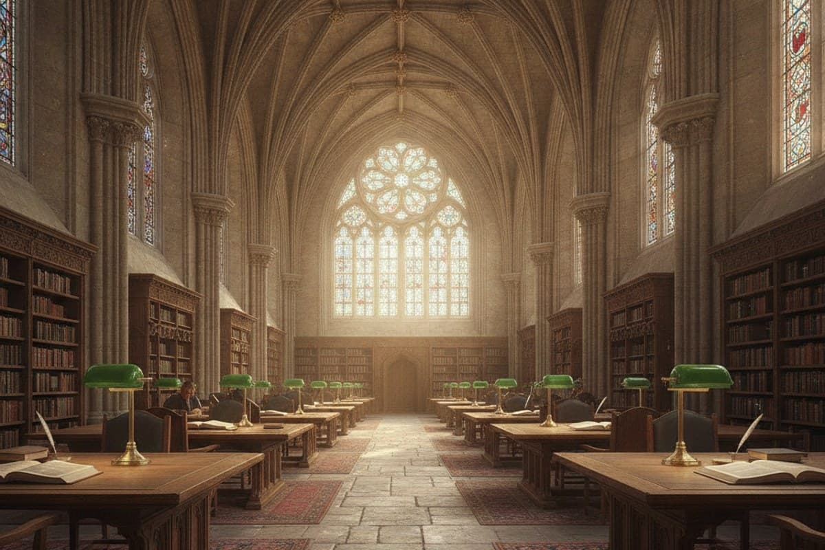 The Quiet Library Beneath Stone Vaults: grand vaulted reading hall with towering Gothic stone arches and warm study lamps
