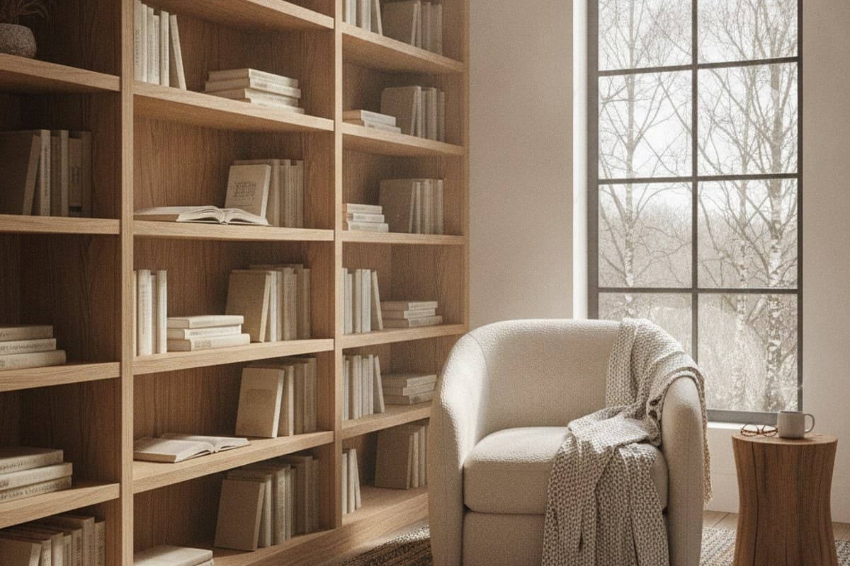 A Reading Nook on a Winter Afternoon: built-in wooden bookcase alcove with comfortable armchair by a tall frosted window
