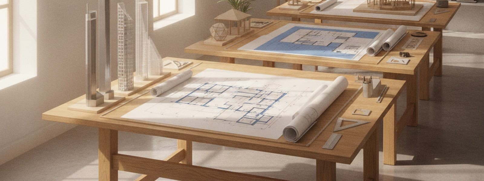 THE ARCHITECTURE STUDIO banner: geometric architectural plans, blueprint details and warm interior design space