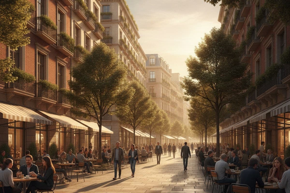 A Walkable Square at Golden Hour: lively pedestrian plaza framed by mid-rise facades, street trees and golden sunlight