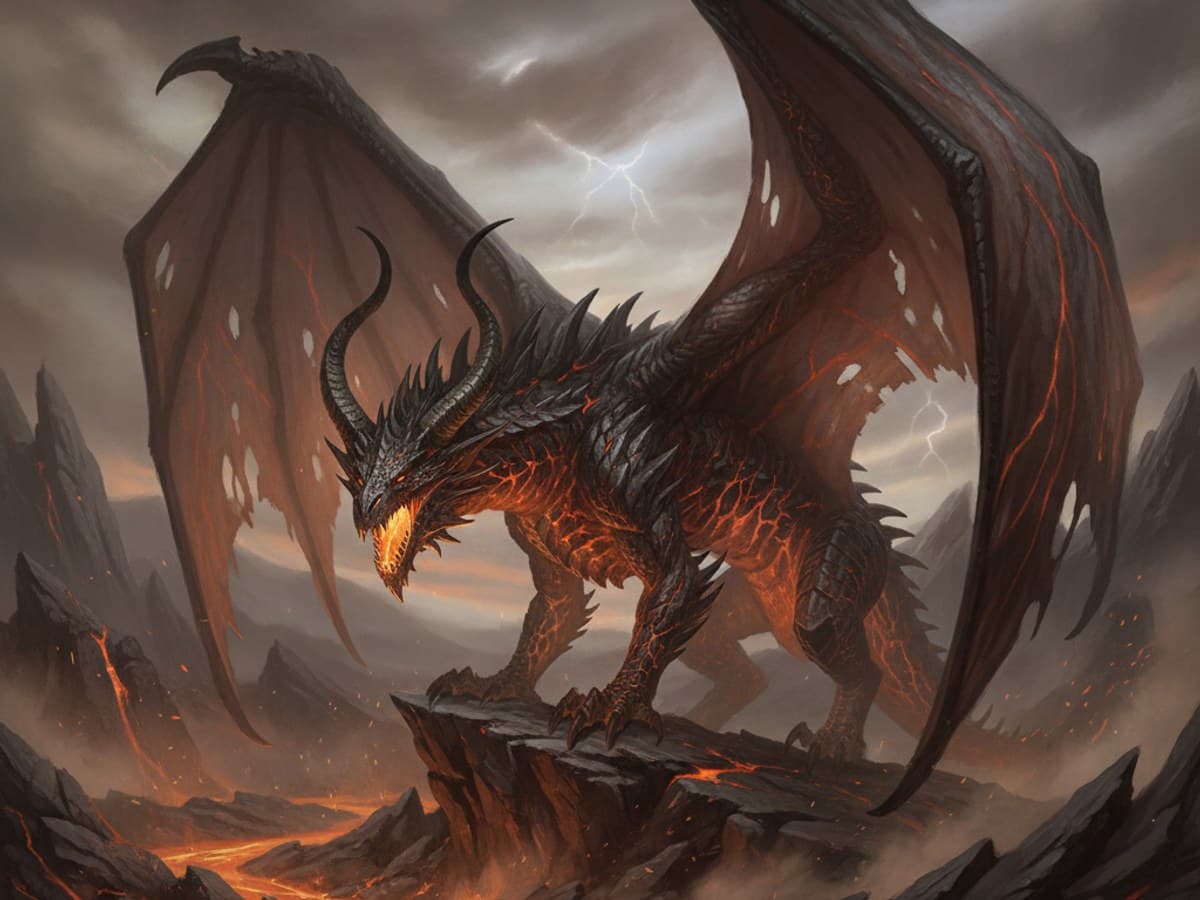 Majestic winged dragon perched atop ancient mossy ruins under twilight skies