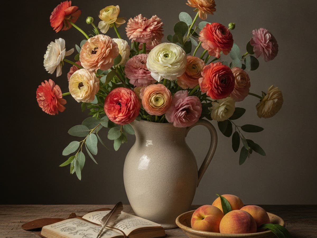 Still life watercolor study of blooming wildflowers, ceramic pottery, and fresh table fruit
