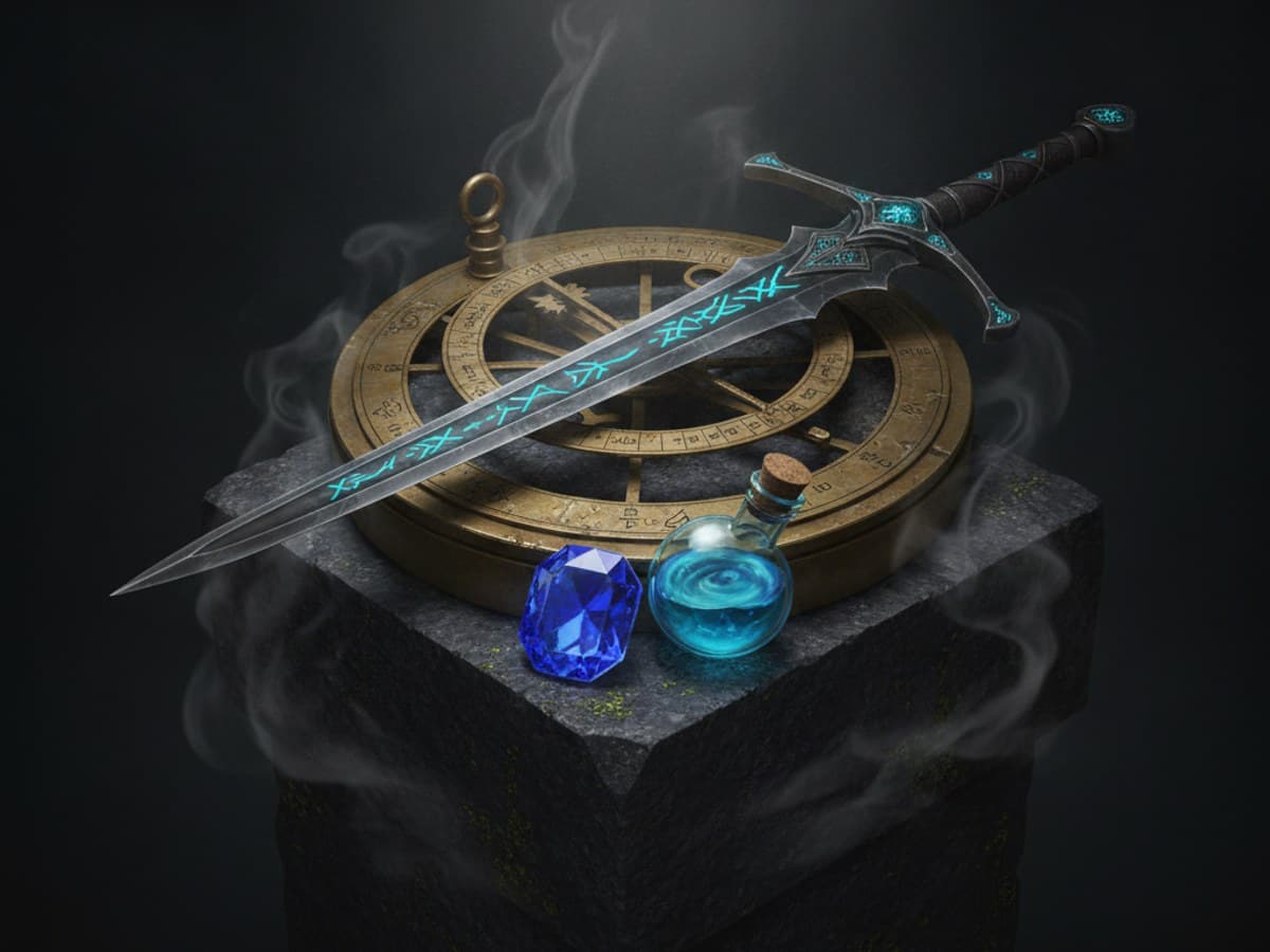 Ancient legendary sword engraved with glowing runes resting on an ornate stone altar
