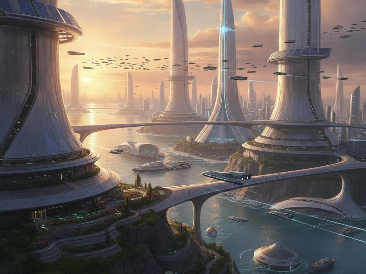Cyberpunk metropolis with towering neon skyscrapers, flying vehicles, and futuristic architecture