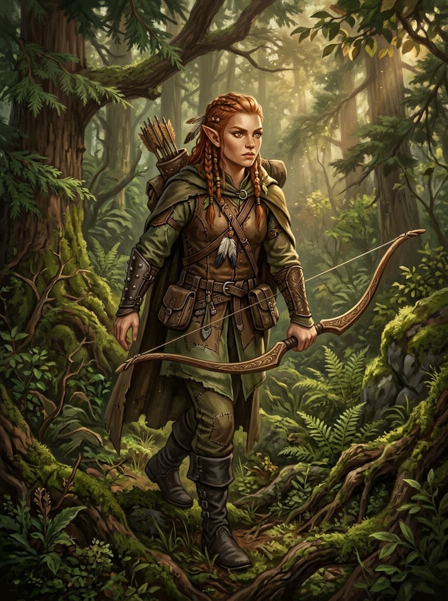 Elven forest scout with braided copper hair and hand-carved bow beneath cedar canopy in dappled light