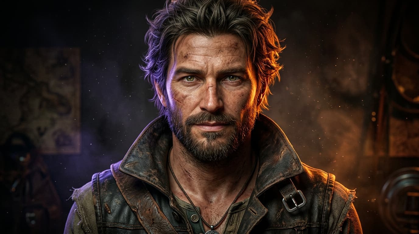 Character Studio – Close-up portrait study of an expressive adventurer in dramatic studio lighting