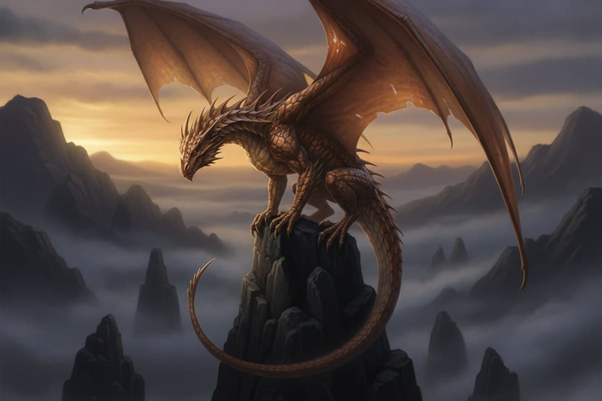 Broad-winged copper dragon perched above black basalt rock pillars in evening mist