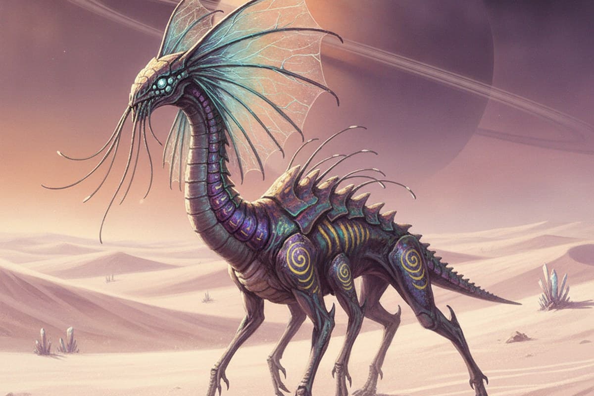 Six-legged alien herbivore creature with translucent neck frills grazing on a pale desert dune