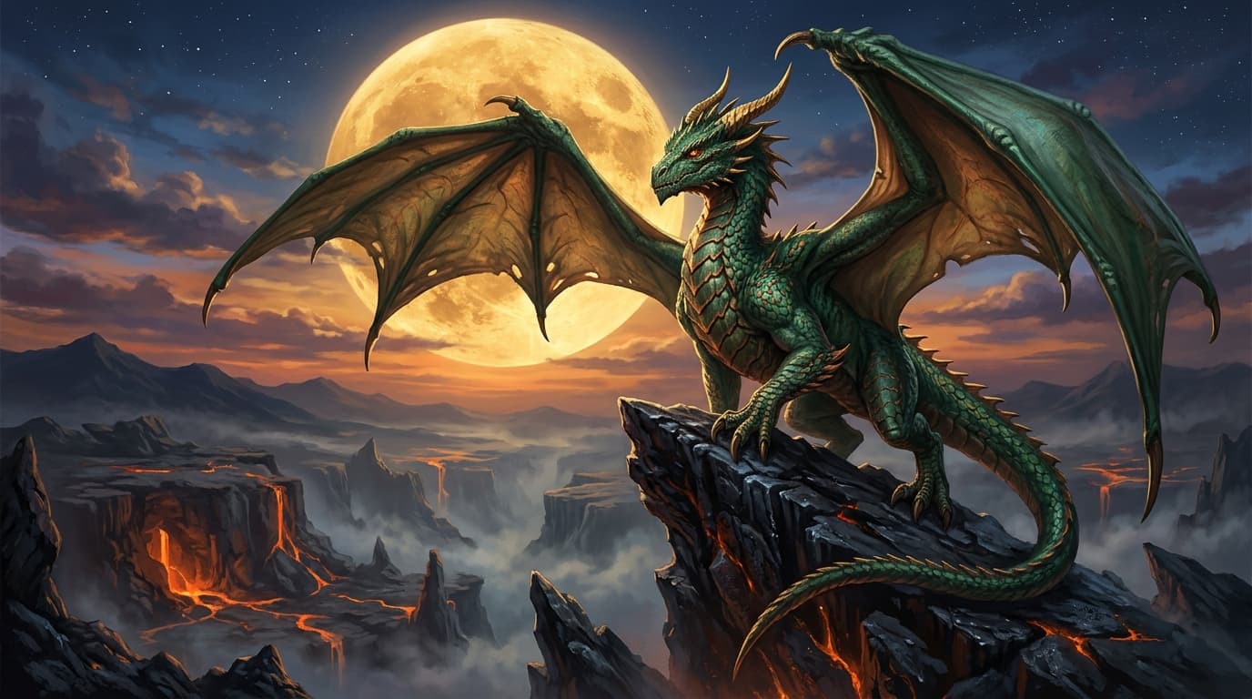 Original digital illustration of a horned emerald dragon perched on a rocky basalt cliff beneath a golden moon