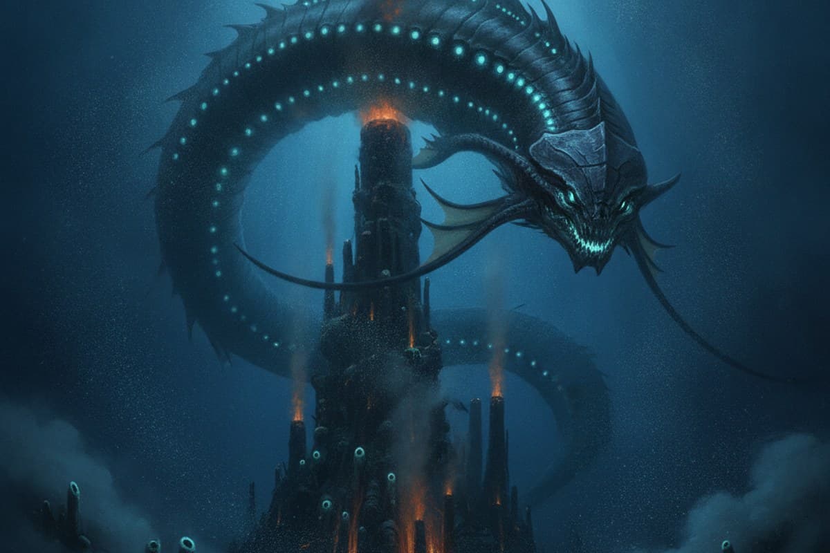 Deep-sea hunter leviathan curving past hydrothermal vents with glowing lantern organs