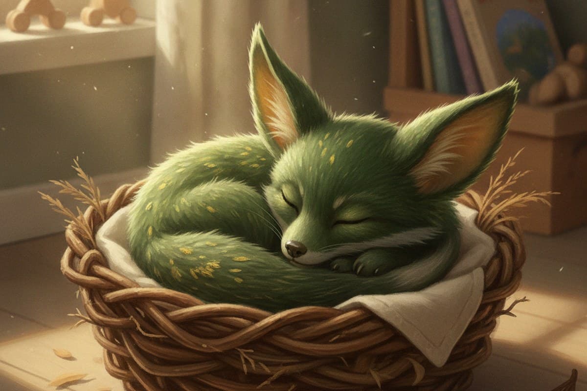 Palm-sized foxlike acorn familiar with leaf ears and velvet fur napping in a woven basket