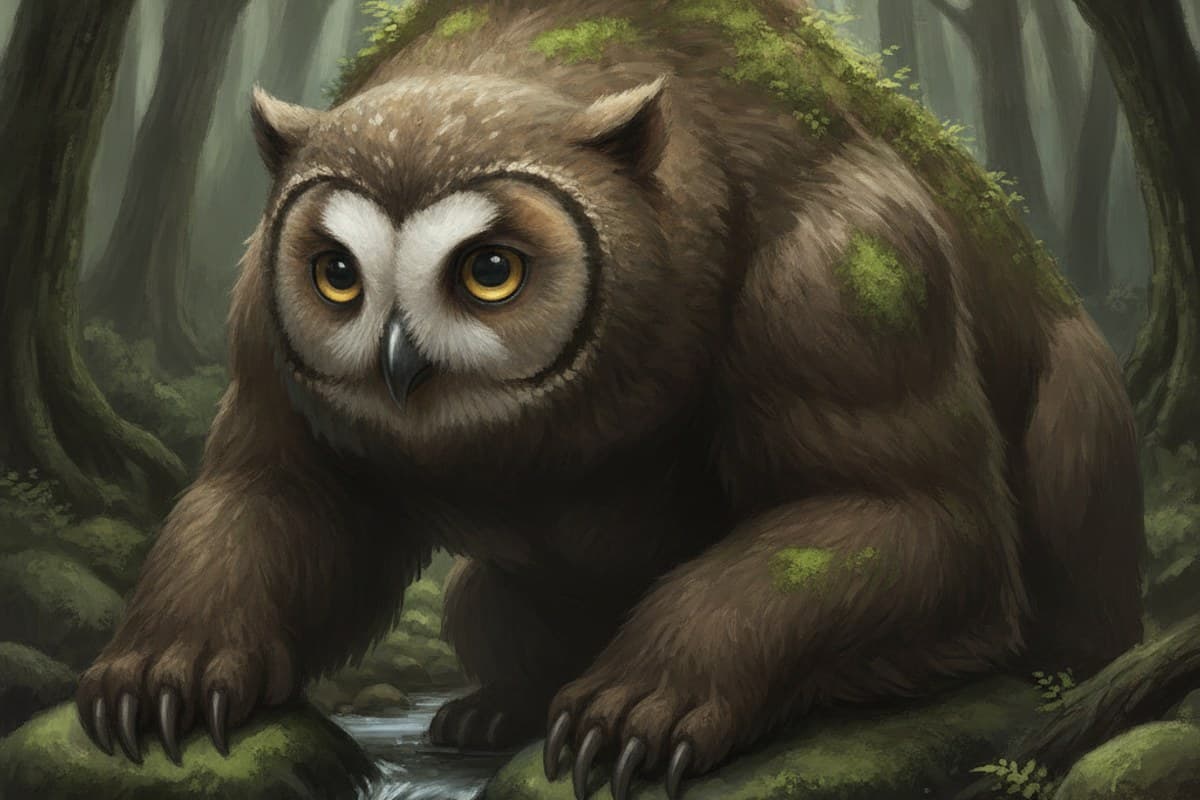 Forest owl-bear creature with feathered face disk and paws pausing at a woodland stream