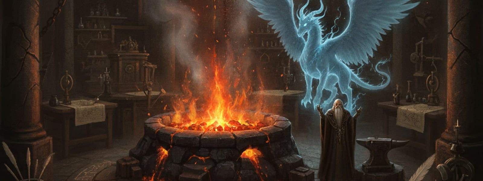 The Creature Forge studio concept art banner with glowing embers and mythical beast silhouette