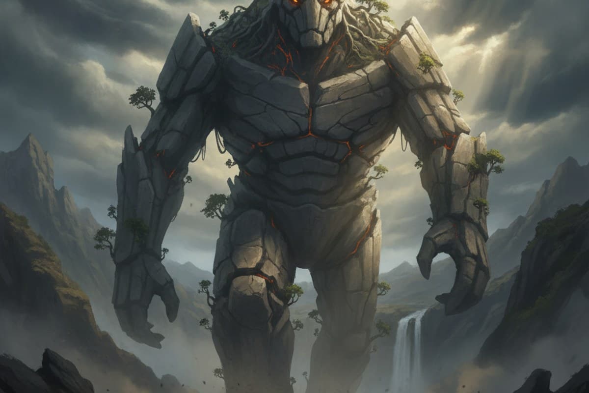 Mountain-sized stone colossus behemoth rising from a foggy plateau with ancient trees