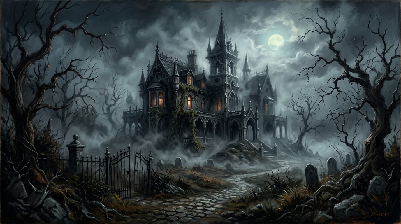 Weathered stone fortress above a dark valley with glowing bell and storm clouds
