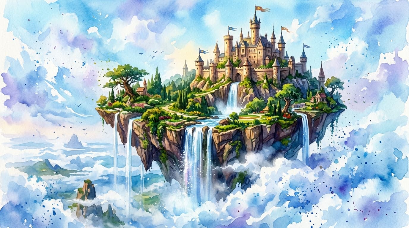 An enchanted castle above floating islands, with violet clouds, golden towers and a glowing magical waterfall