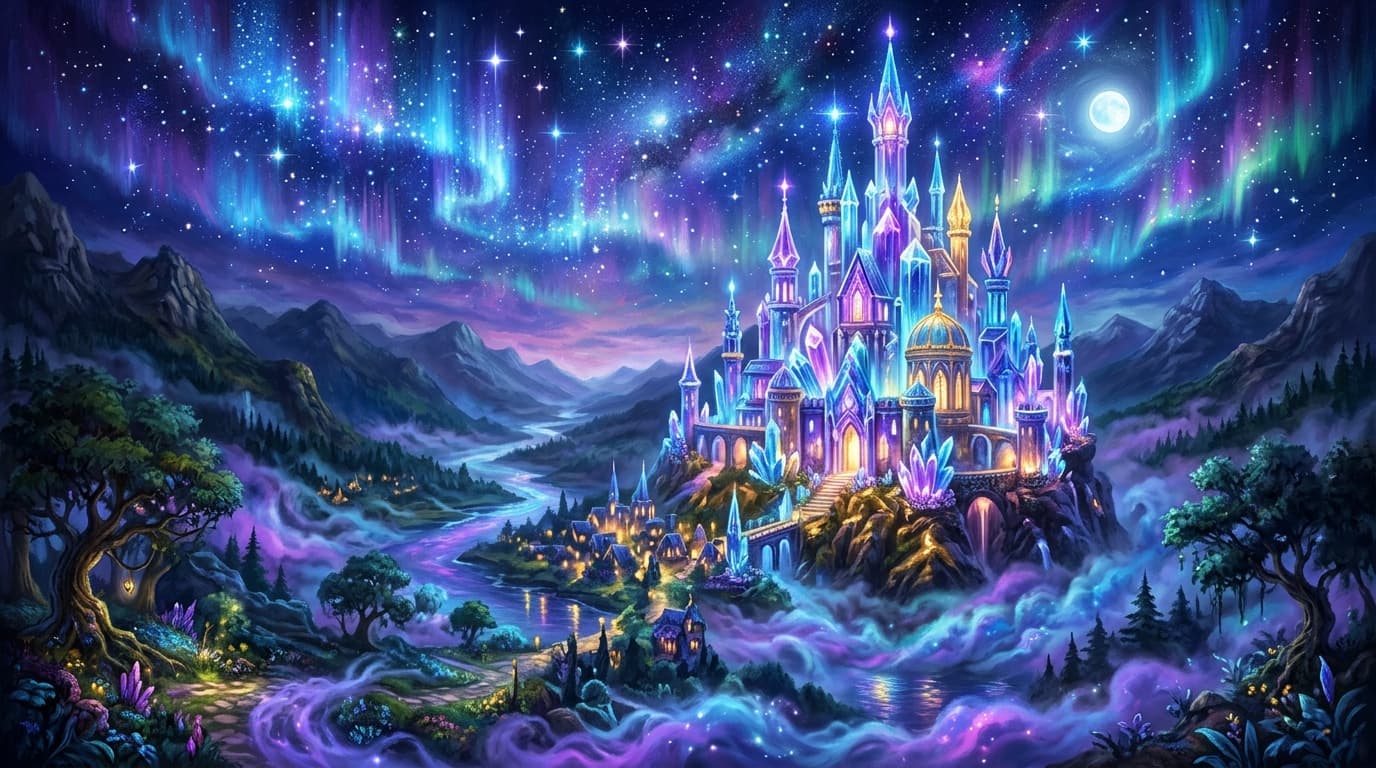 Fantasy Scene Builder – Ethereal wizard tower and magical floating citadel in glowing violet mist