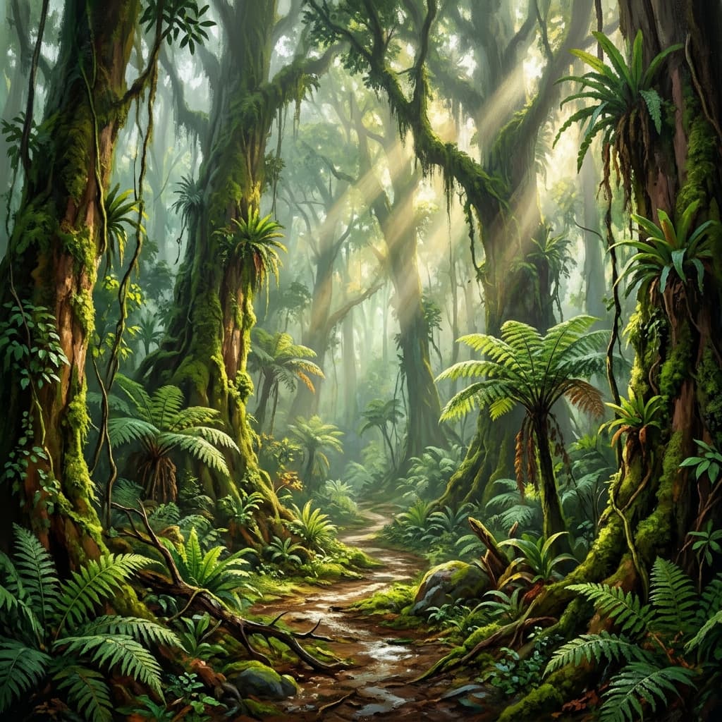 Moss-covered woodland path lined with luminous blue mushrooms and gentle forest spirits