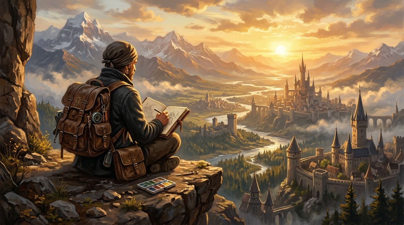 Art Prompt Generator - Artist overlooking fantasy landscape