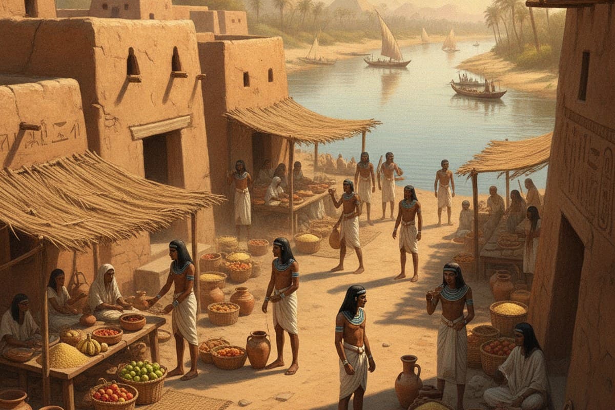 A Morning Market in Ancient Egypt: bustling trade along the Nile with grain baskets, pottery vessels and sunbaked mudbrick buildings