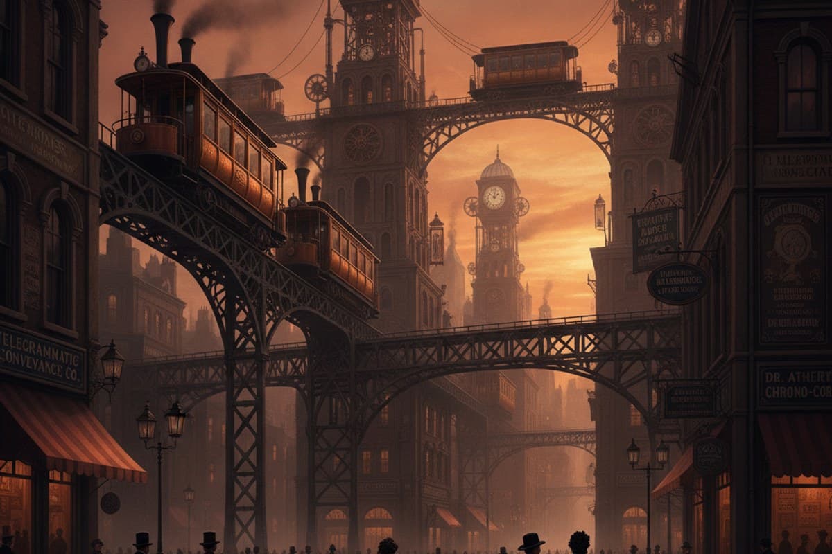 The Clockwork Telegraph City: alternate 1890s cityscape with elevated mechanical transit lines and copper steam towers