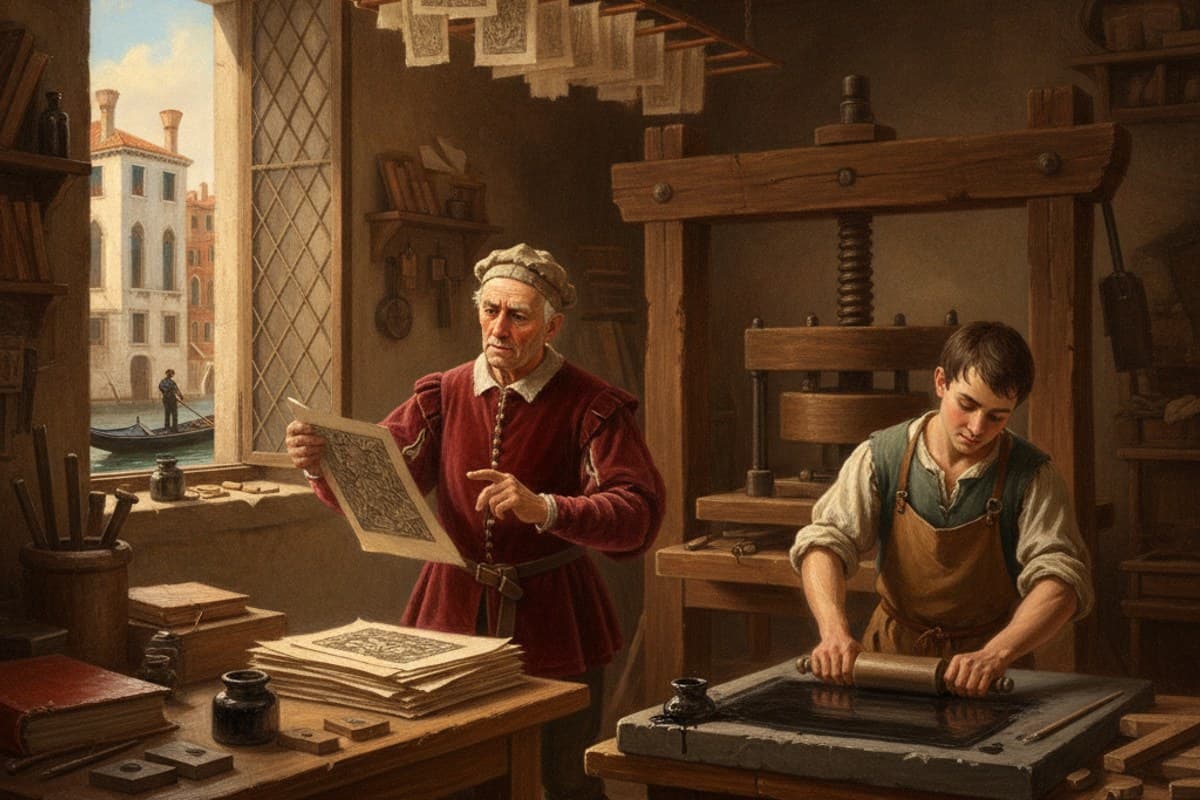 A Printmaker in Renaissance Venice: craftsperson pulling a woodcut print in a timbered canal workshop