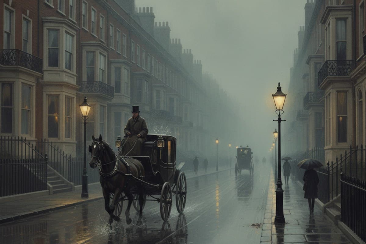 Gas Lamps After the Rain: Victorian London street with horse carriage reflections on wet cobblestones at dusk