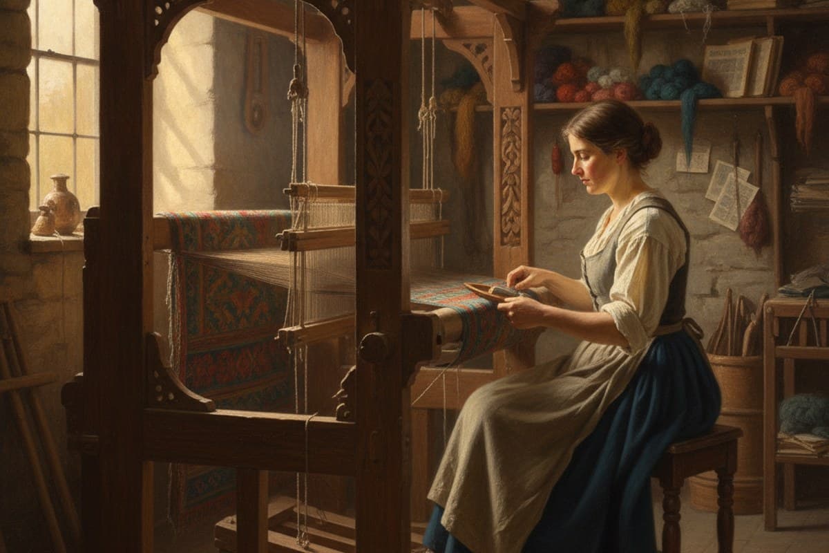 A Weaver at the Workbench: nineteenth-century textile artisan working at a wooden handloom in natural side light