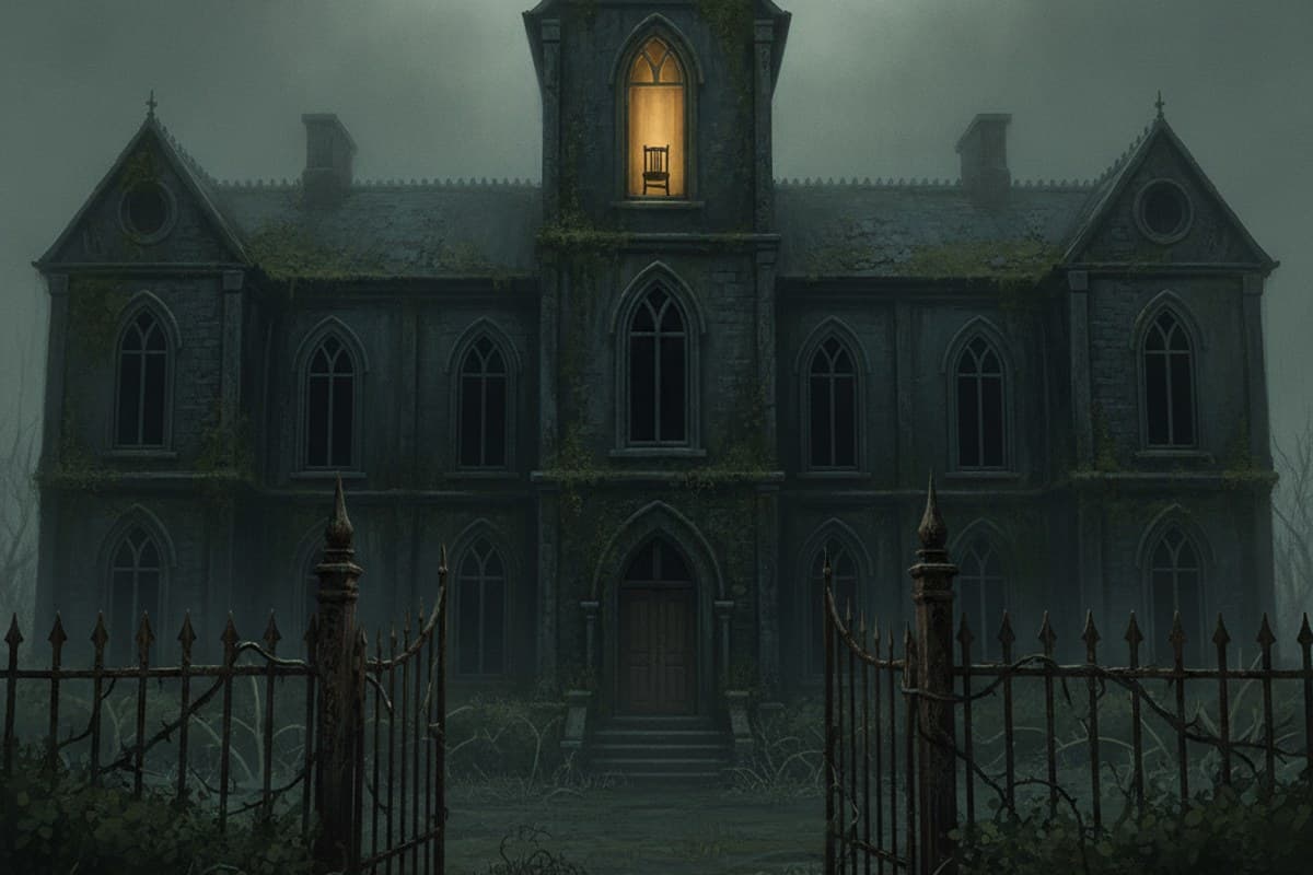 Abandoned gothic manor with overgrown iron gates and solitary lit window in misty autumn fog