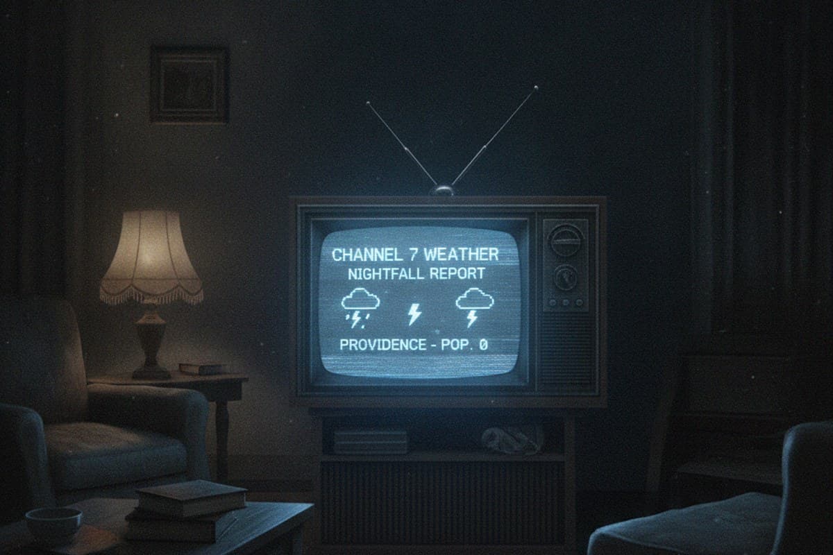 Glowing 1980s television with VHS scan lines displaying late-night static in a dark room