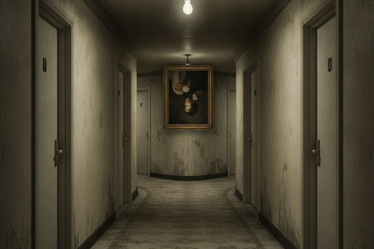 Silent hotel corridor stretching into an impossible distance with repeating numbered doors