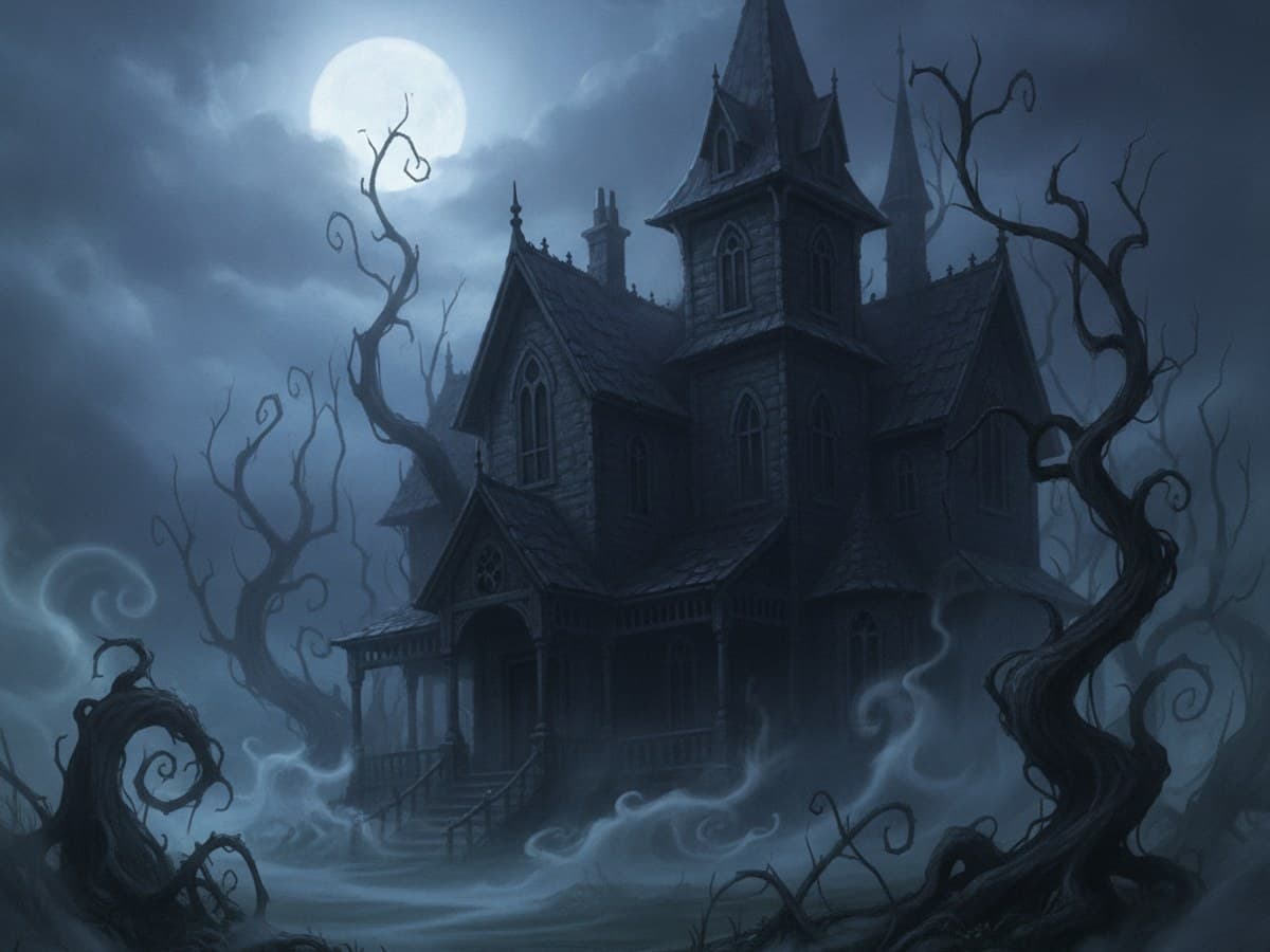 Original digital artwork of a gothic manor with twisted trees and rising fog beneath a pale glowing full moon