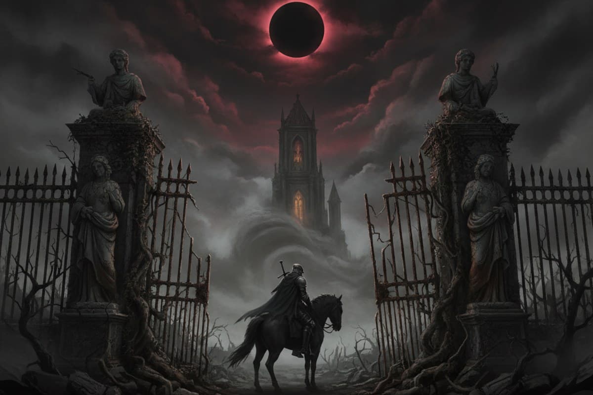 Lone armored knight approaching ruined gothic castle gate beneath a blackened solar eclipse