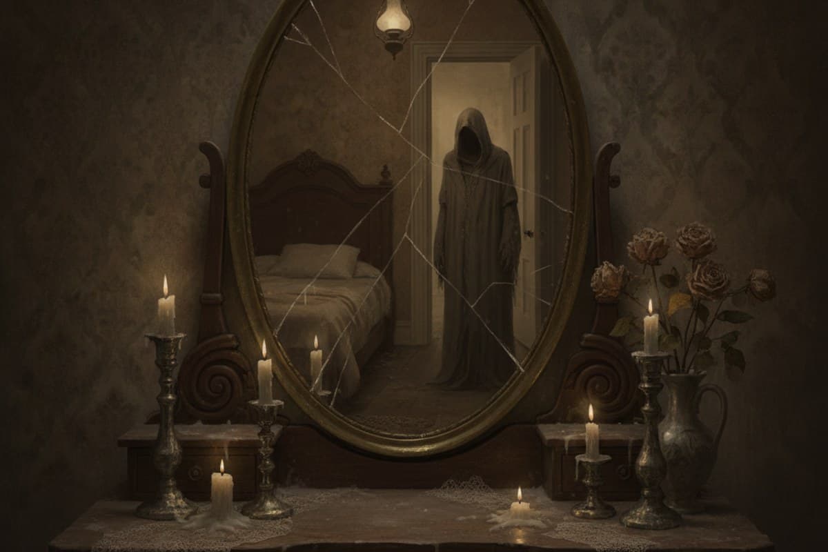 Antique cracked oval mirror in Victorian bedroom reflecting a distant shadowy figure