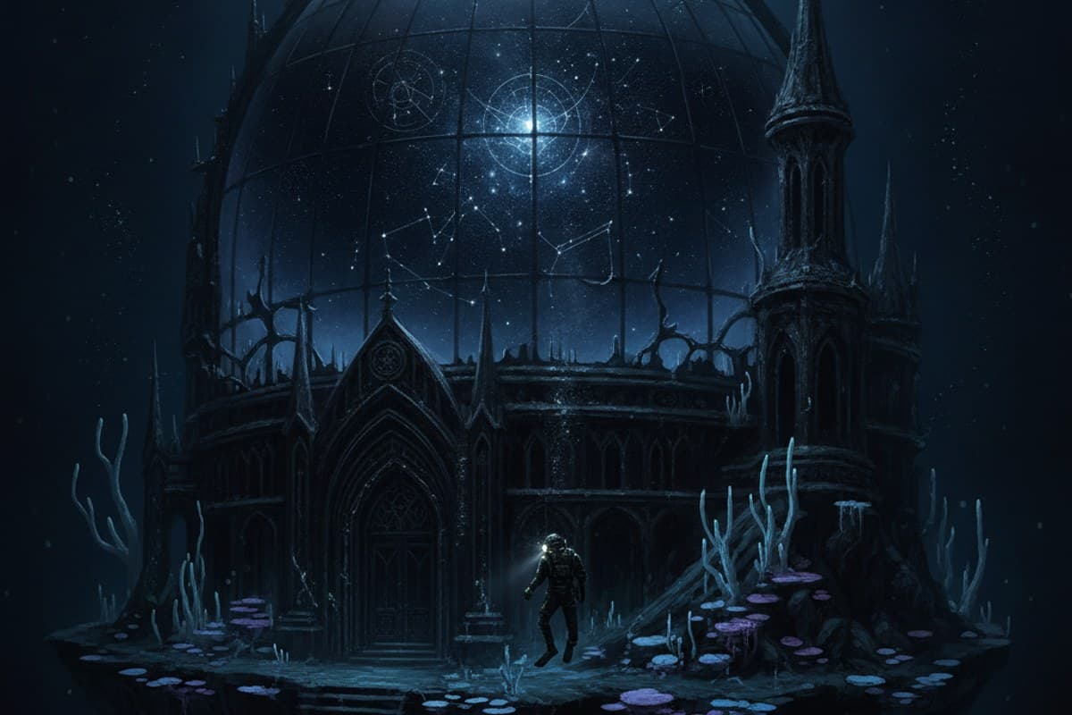 Sunken deep sea observatory with celestial glass dome and diver hovering near the ocean shelf