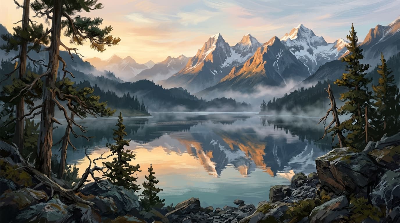 Alpine lake reflecting snow-dusted mountain peaks at dawn with weathered pine trees