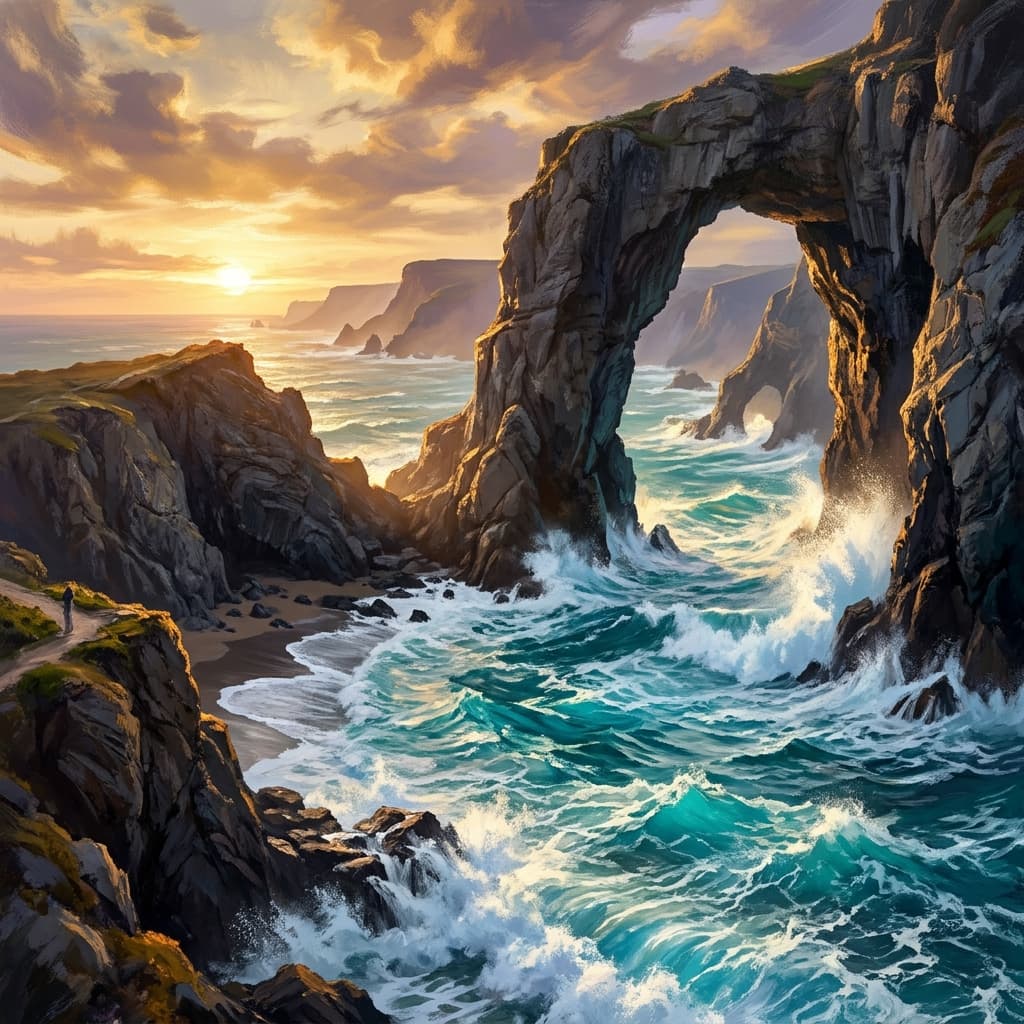 Dramatic coastal cliffs overlooking a quiet turquoise bay with seabirds and coastal wind