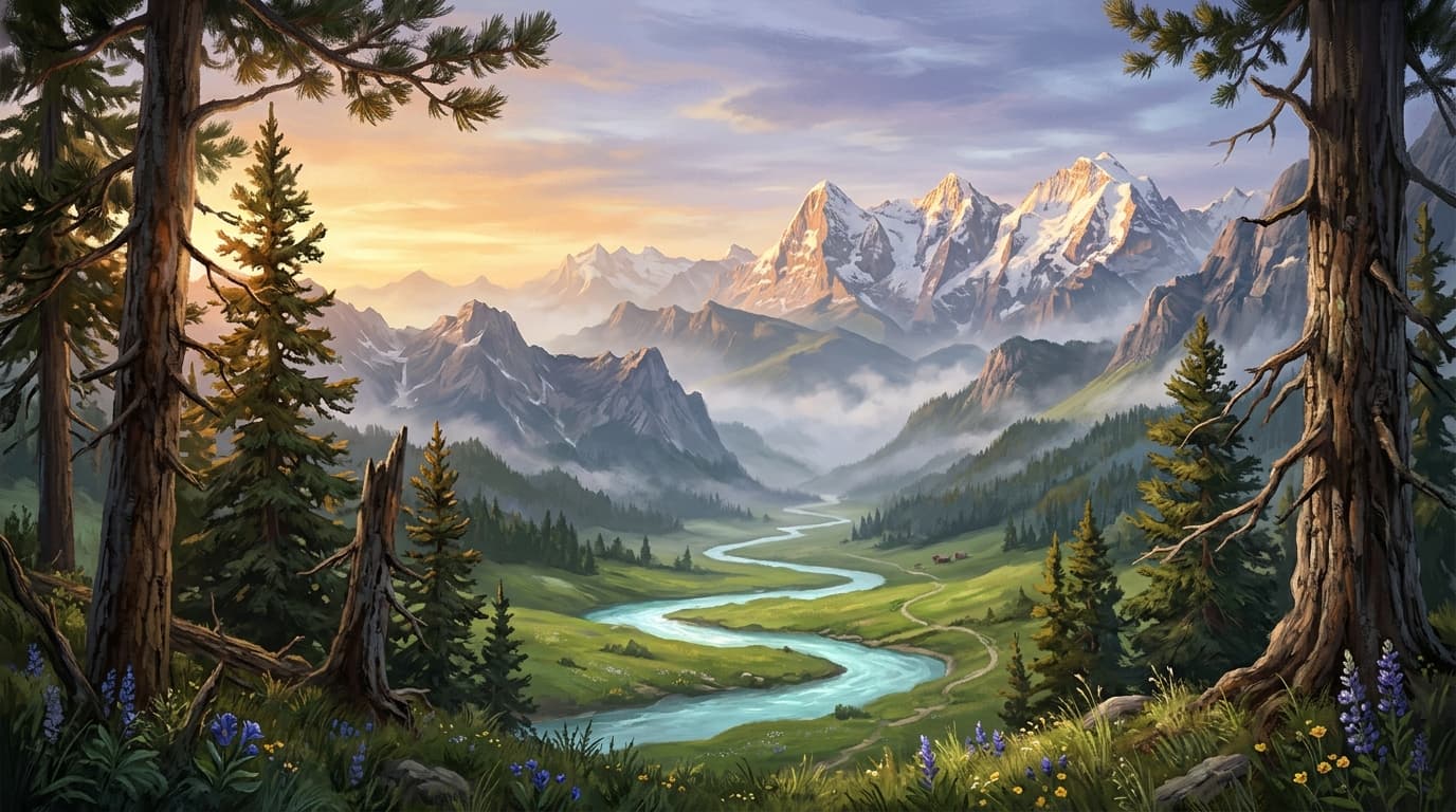 Illustrated alpine valley with layered mountains, a winding river and warm sunset