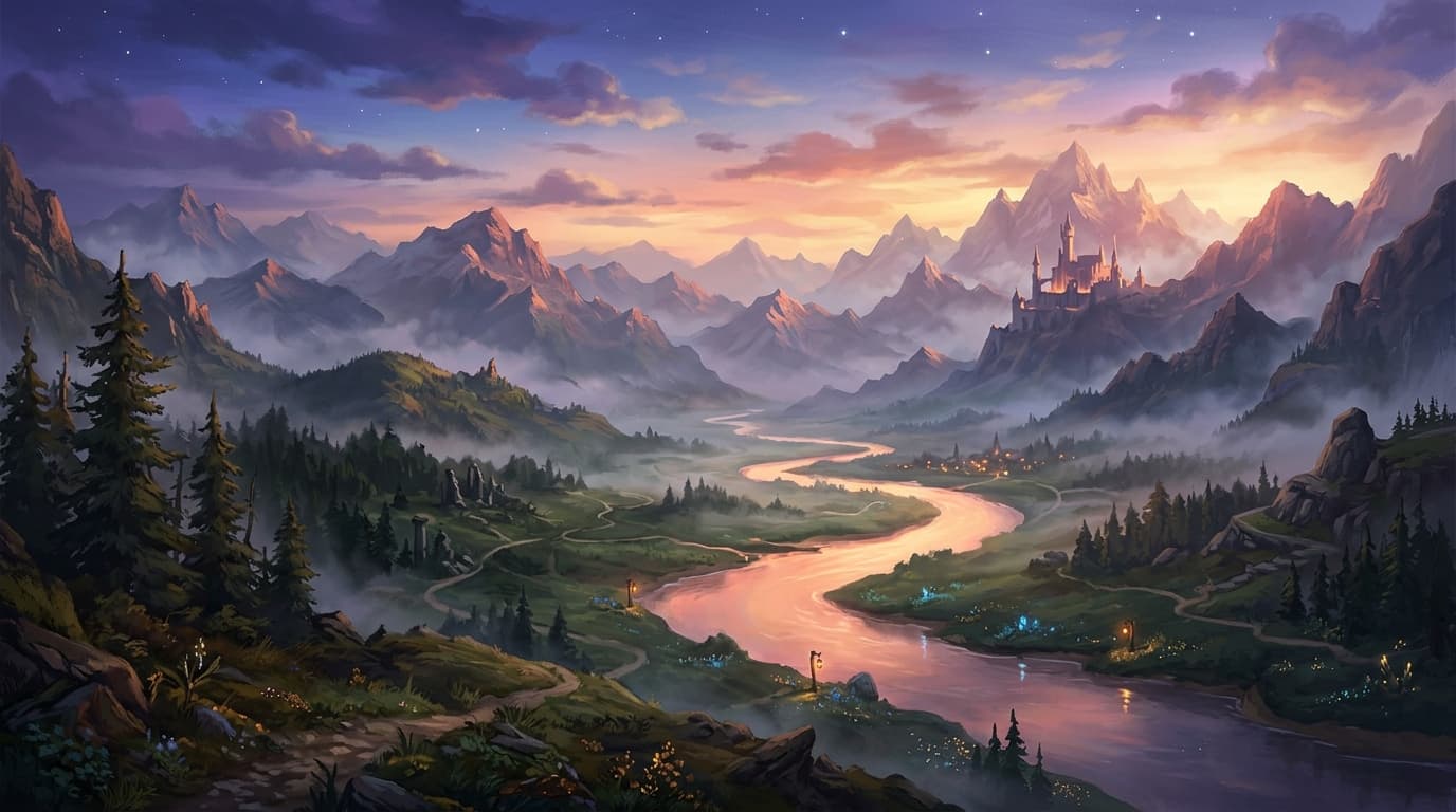 Scene Builder – Panoramic landscape vista with glowing mountain ridges and river at twilight
