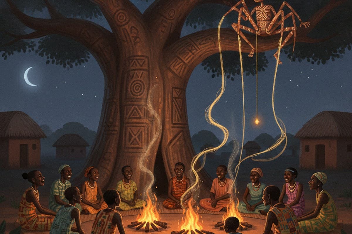 Anansi Under the Story Tree: folklore illustration of a spider storyteller perched in a massive baobab tree while villagers gather below in warm lantern light