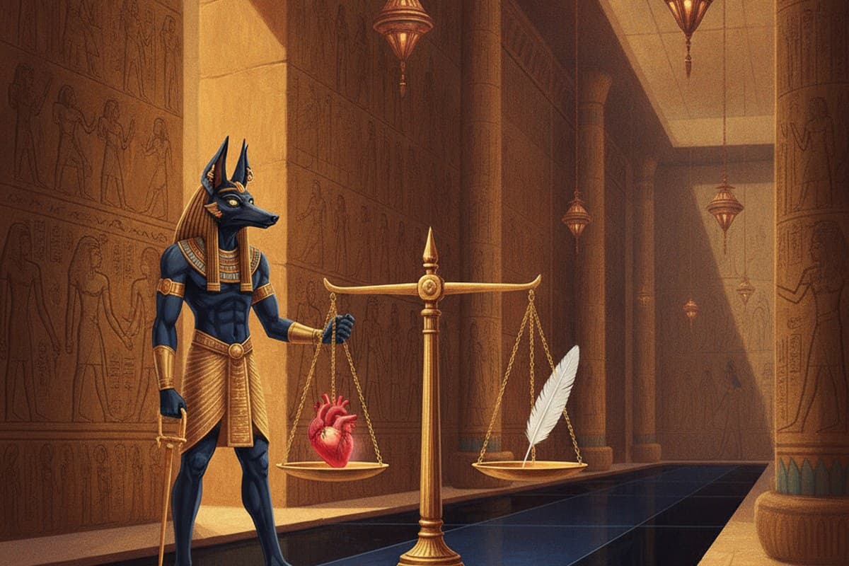 Anubis and the Hall of Judgment: ceremonial stone hall where Anubis oversees the weighing of the heart upon a balanced golden scale