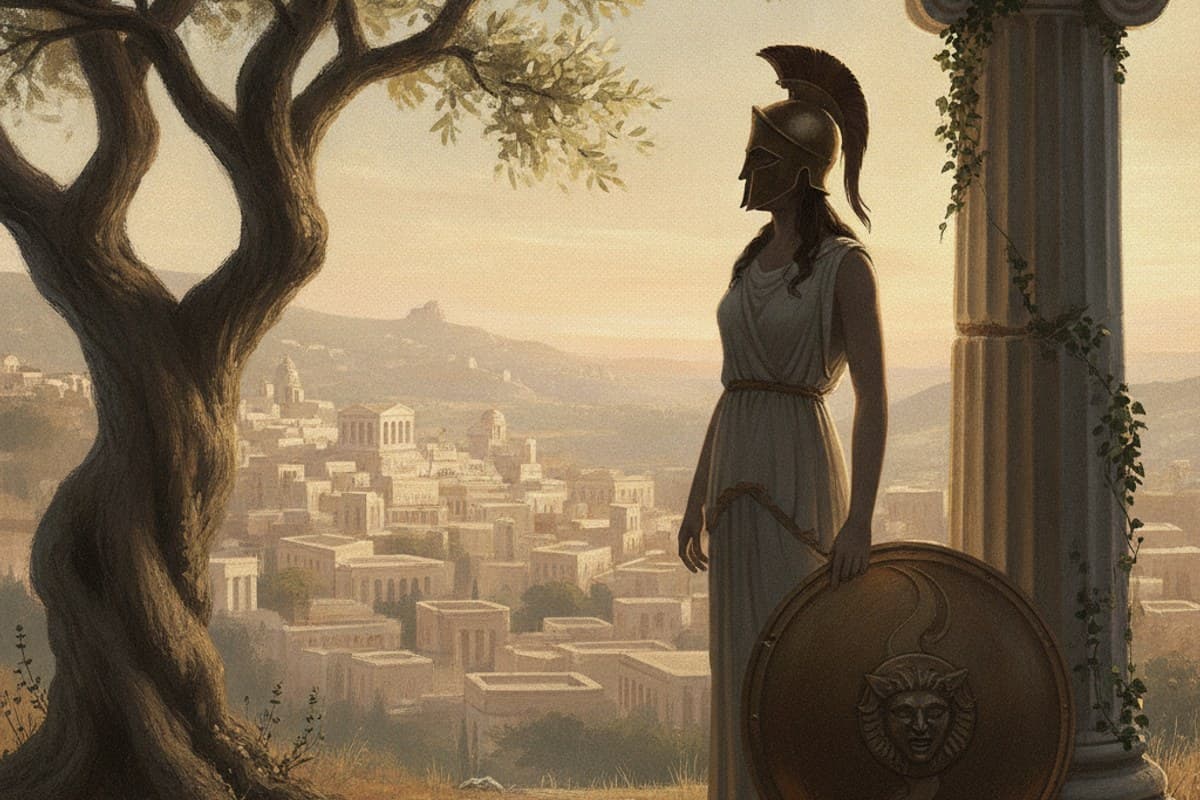 Athena at the Olive Grove: myth-inspired illustration of Athena standing beneath an ancient olive tree overlooking a classical stone city at first light