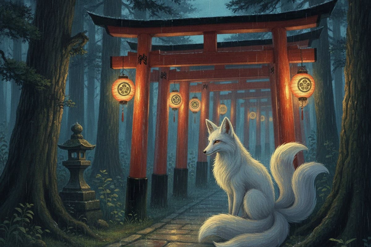 The Fox at the Mountain Shrine: sacred fox kitsune resting beside a cedar-lined mountain shrine path illuminated by paper lanterns in soft rain