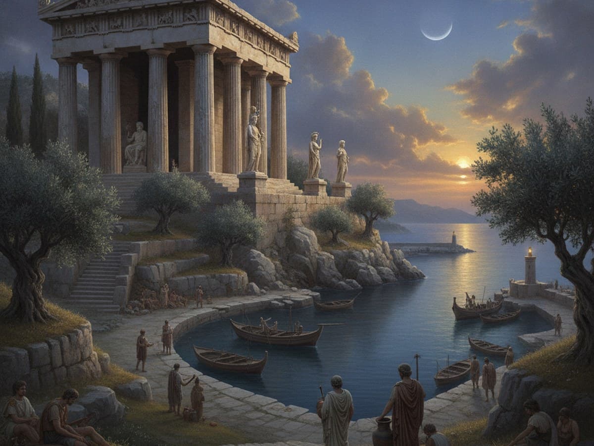 Classical temple overlooking an ancient Aegean harbor at dusk with carved ionic columns, olive trees and a crescent moon