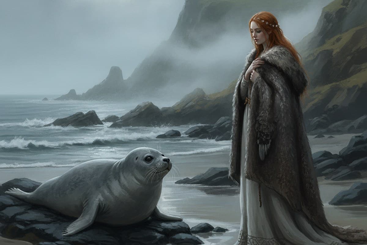 The Selkie at the Tidal Shore: coastal folklore illustration of a solitary figure at the misty water edge beside a resting seal