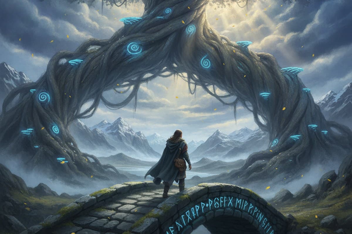 The Watch at Yggdrasil: traveler crossing a moss-covered runic bridge beneath the colossal roots and branches of the Yggdrasil world tree in silver mist