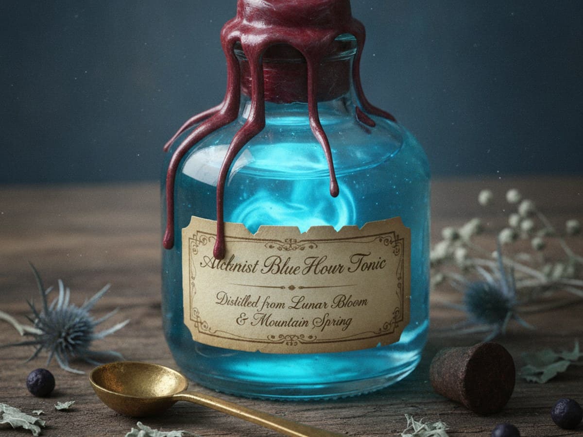 The Alchemist’s Blue Hour Tonic: antique blown-glass alchemy flask filled with bioluminescent azure elixir and sealed with stamped sealing wax